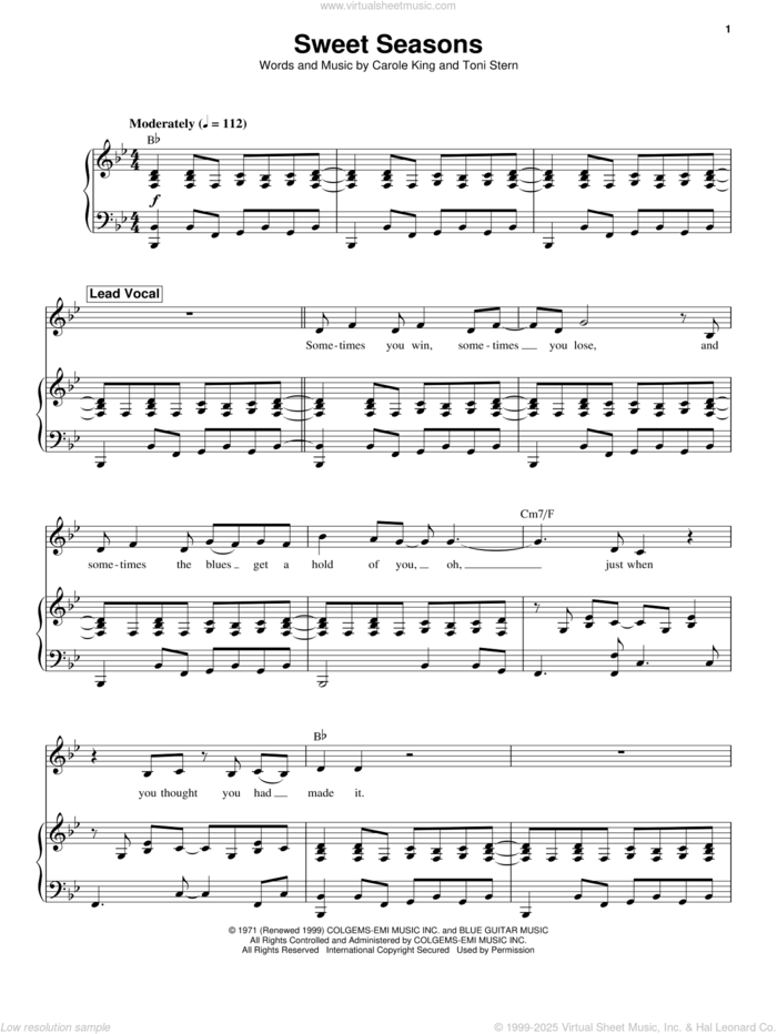 Sweet Seasons sheet music for voice and piano by Carole King and Toni Stern, intermediate skill level