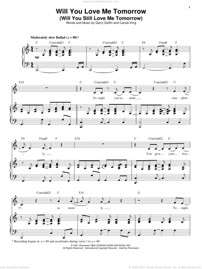 Will You Love Me Tomorrow (Will You Still Love Me Tomorrow) sheet music for voice and piano by Carole King, The Shirelles and Gerry Goffin, intermediate skill level
