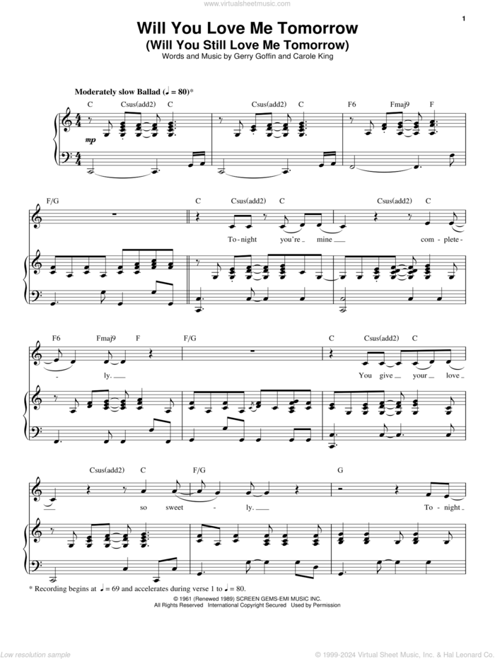 Will You Love Me Tomorrow (Will You Still Love Me Tomorrow) sheet music for voice and piano by Carole King, The Shirelles and Gerry Goffin, intermediate skill level