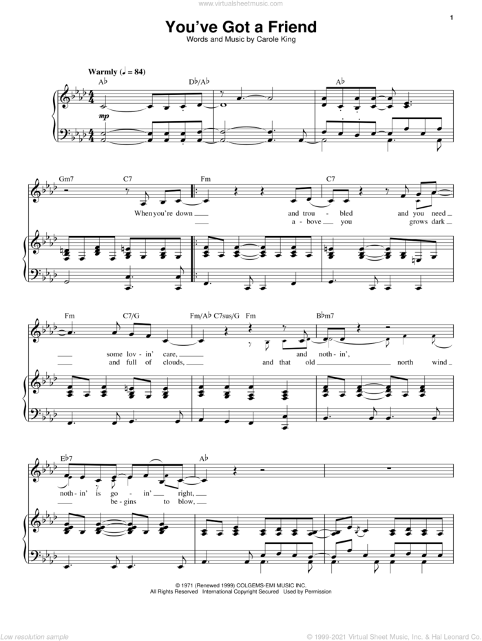You've Got A Friend sheet music for voice and piano by Carole King and James Taylor, intermediate skill level