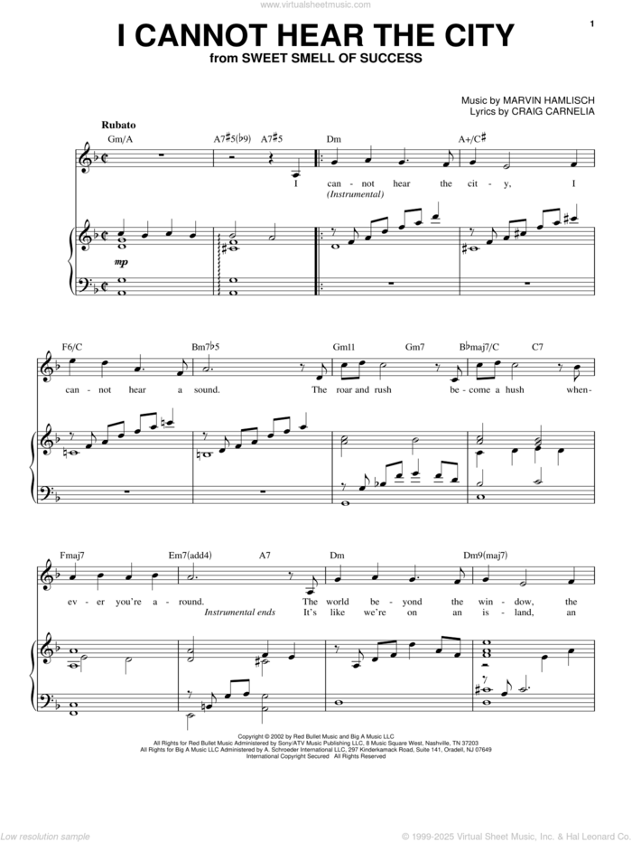 I Cannot Hear The City sheet music for voice and piano by Craig Carnelia, Sweet Smell Of Success (Musical) and Marvin Hamlisch, intermediate skill level