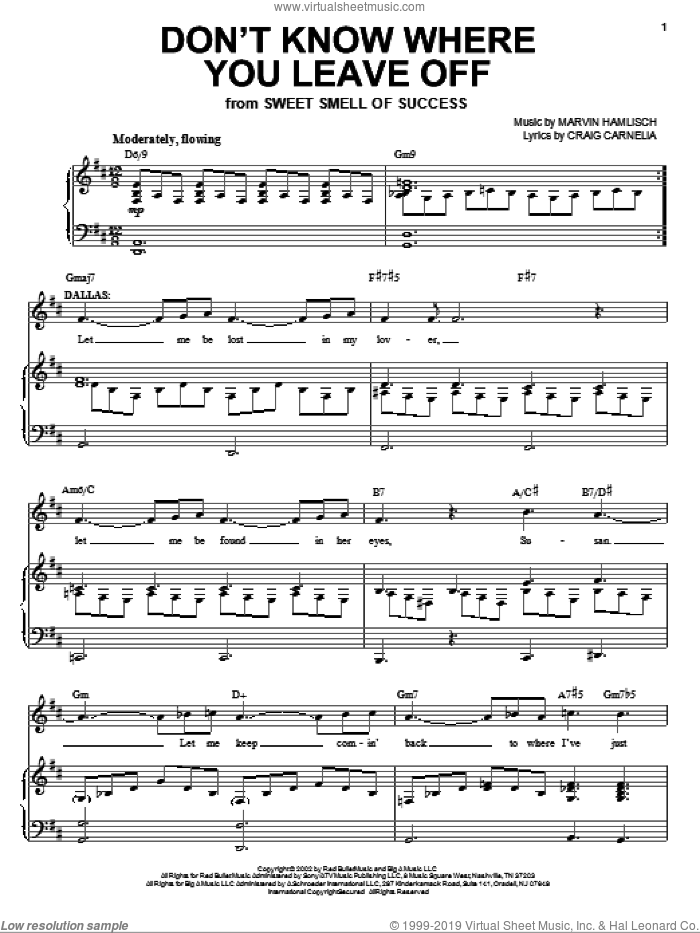 Don't Know Where You Leave Off sheet music for voice and piano by Craig Carnelia, Sweet Smell Of Success (Musical) and Marvin Hamlisch, intermediate skill level