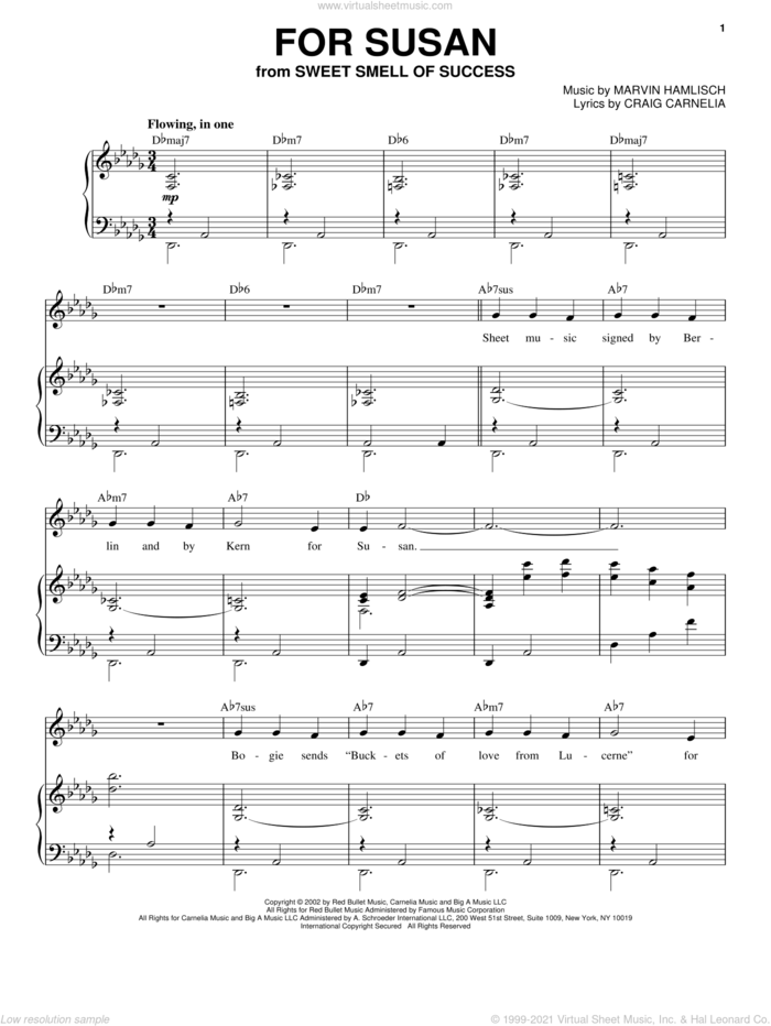 For Susan sheet music for voice and piano by Craig Carnelia, Sweet Smell Of Success (Musical) and Marvin Hamlisch, intermediate skill level