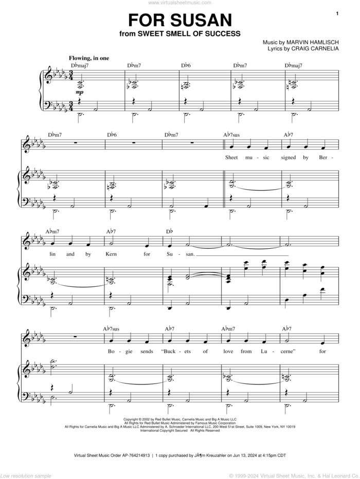 For Susan sheet music for voice and piano by Craig Carnelia, Sweet Smell Of Success (Musical) and Marvin Hamlisch, intermediate skill level