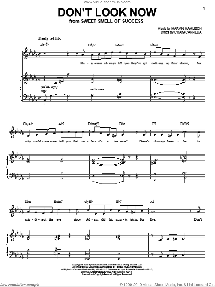 Don't Look Now sheet music for voice and piano by Craig Carnelia, Sweet Smell Of Success (Musical) and Marvin Hamlisch, intermediate skill level