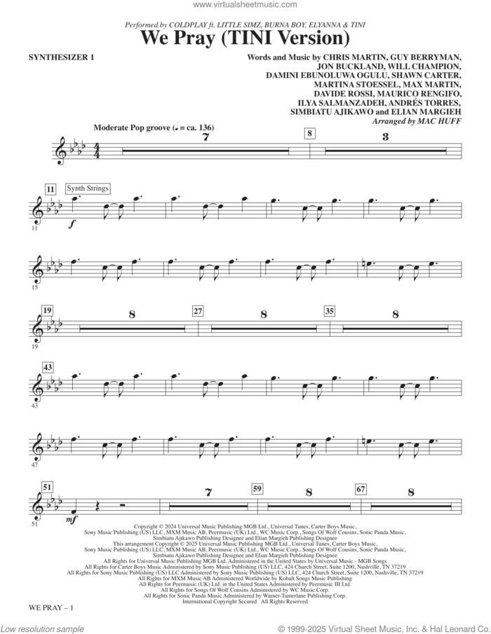 We Pray (TINI Version) (arr. Mac Huff) (complete set of parts) sheet music for orchestra/band (Rhythm) by Mac Huff, Andres Torres, Chris Martin, Coldplay, Coldplay, Little Simz, Burna Boy, Elyanna, Tini, Damini Ebunoluwa Ogulu, Davide Rossi, Elian Margieh, Guy Berryman, Ilya Salmanxadeh, John Metcalfe, Jon Buckland, Martina Stoessel, Maurico Rengifo, Shawn Carter, Simbiatu Abisola Abiola Ajikaw and Will Champion, intermediate skill level