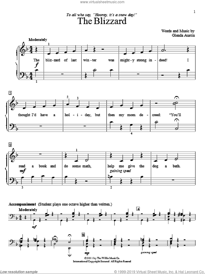 The Blizzard sheet music for piano solo (elementary) by Glenda Austin, beginner piano (elementary)