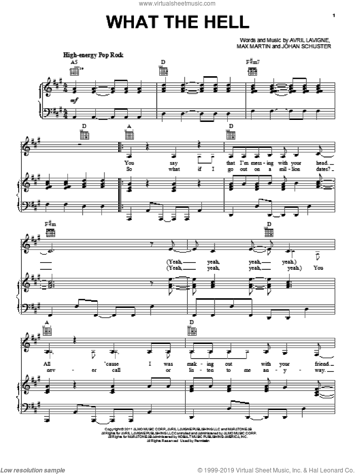 What The Hell sheet music for voice, piano or guitar by Avril Lavigne, Johan Schuster and Max Martin, intermediate skill level