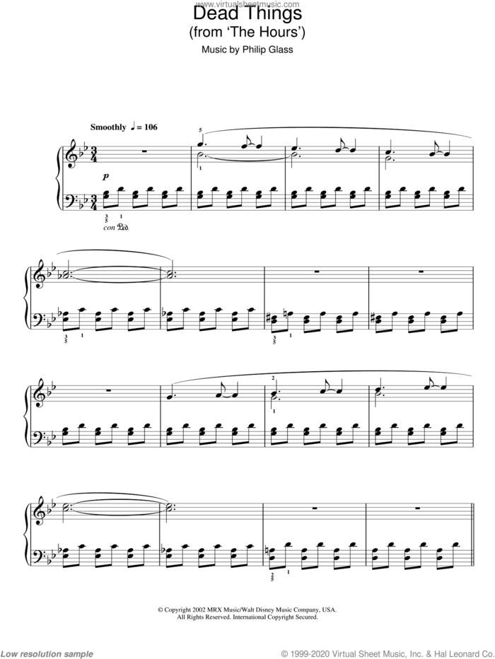 Dead Things (from The Hours) sheet music for piano solo by Philip Glass, easy skill level
