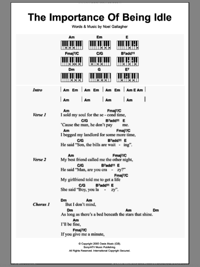 The Importance Of Being Idle sheet music for piano solo (chords, lyrics, melody) by Oasis and Noel Gallagher, intermediate piano (chords, lyrics, melody)