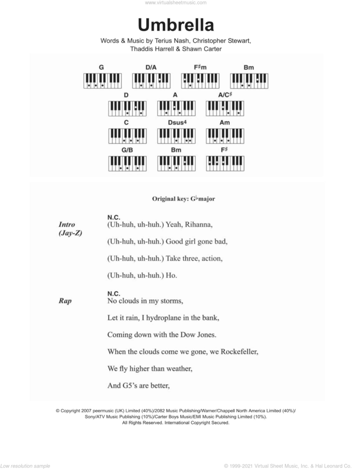 Umbrella sheet music for piano solo (chords, lyrics, melody) by Rihanna featuring Jay-Z, Jay-Z, Rihanna, Christopher Stewart, Shawn Carter, Terius Nash and Thaddis Harrell, intermediate piano (chords, lyrics, melody)