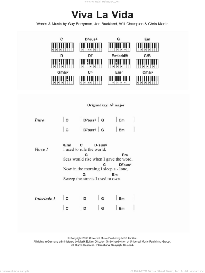 Viva La Vida sheet music for piano solo (chords, lyrics, melody) by Coldplay, Chris Martin, Guy Berryman, Jon Buckland and Will Champion, intermediate piano (chords, lyrics, melody)