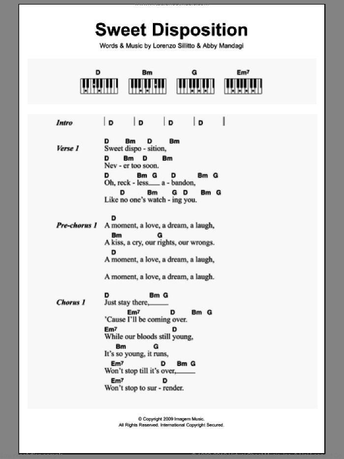 Sweet Disposition sheet music for piano solo (chords, lyrics, melody) by The Temper Trap, Abby Mandagi and Lorenzo Sillitto, intermediate piano (chords, lyrics, melody)