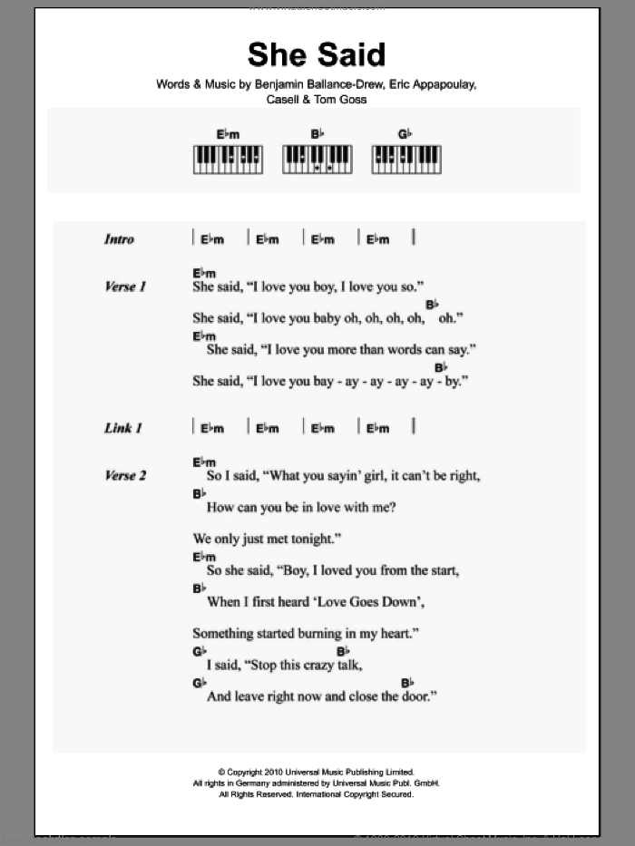 She Said sheet music for piano solo (chords, lyrics, melody) by Plan B, Benjamin Ballance-Drew, Eric Appapoulay, Richard Cassell and Tom Goss, intermediate piano (chords, lyrics, melody)