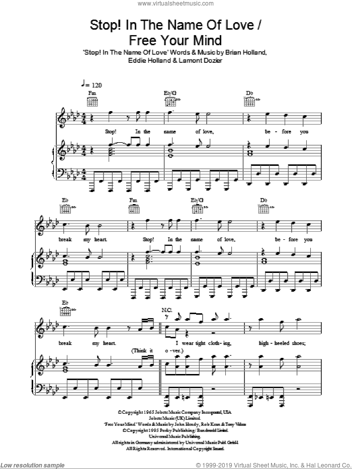 Stop! In The Name Of Love / Free Your Mind sheet music for voice, piano or guitar by Glee Cast, East 17, Miscellaneous, The Supremes, Brian Holland, Eddie Holland, John Hendy, Lamont Dozier, Rob Kean and Tony Vickers, intermediate skill level