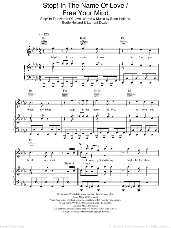 Stop! In The Name Of Love / Free Your Mind sheet music for voice, piano or guitar by Glee Cast, East 17, Miscellaneous, The Supremes, Brian Holland, Eddie Holland, John Hendy, Lamont Dozier, Rob Kean and Tony Vickers, intermediate skill level