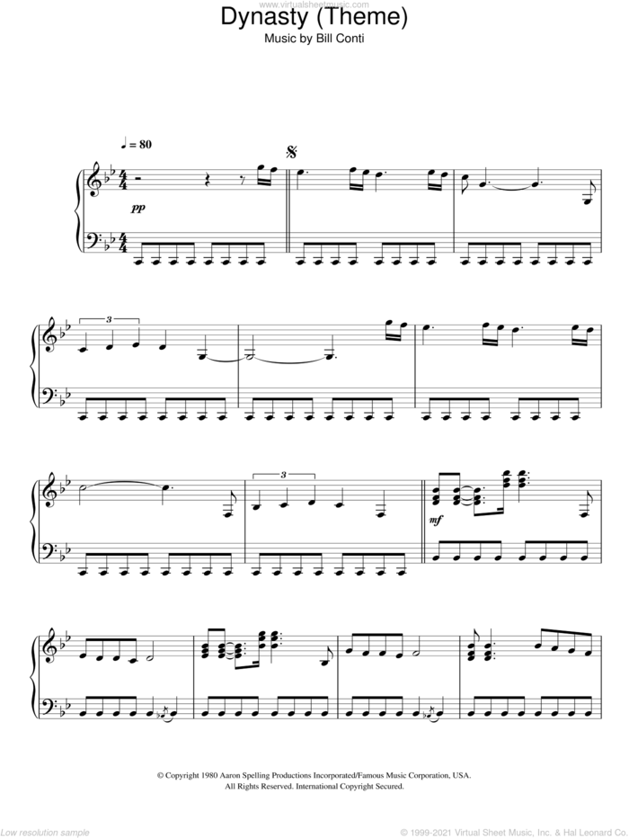 Dynasty Theme sheet music for voice, piano or guitar by Bill Conti, intermediate skill level