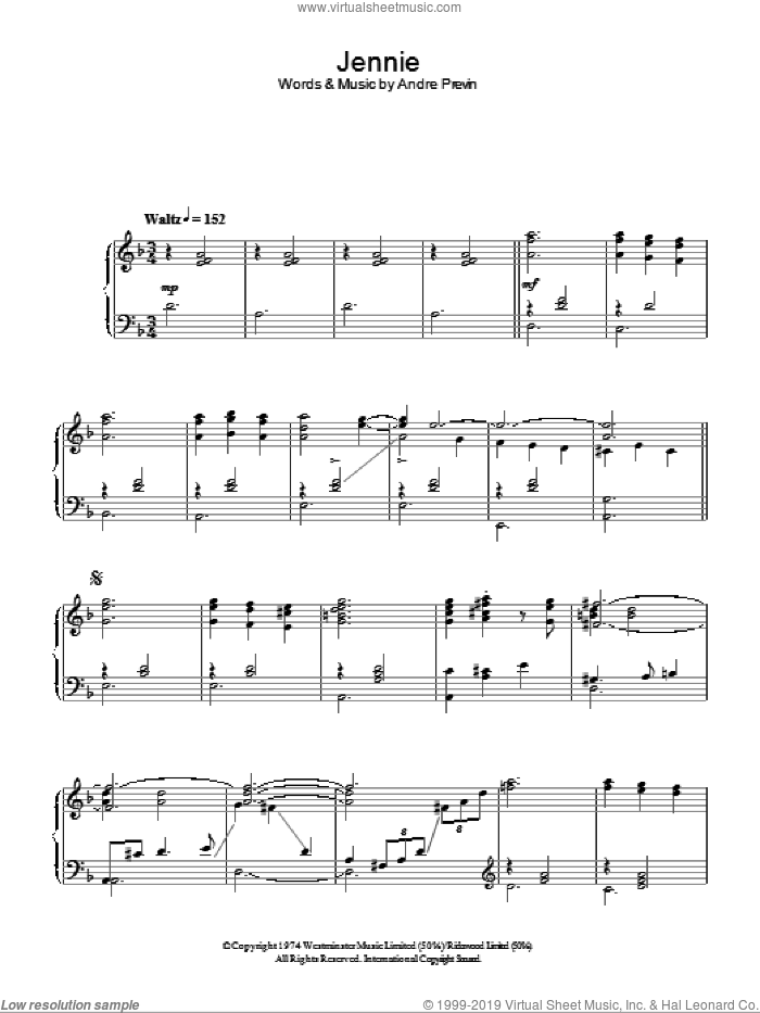 Jennie (Jennie Churchill Theme) sheet music for voice, piano or guitar by Andre Previn, intermediate skill level