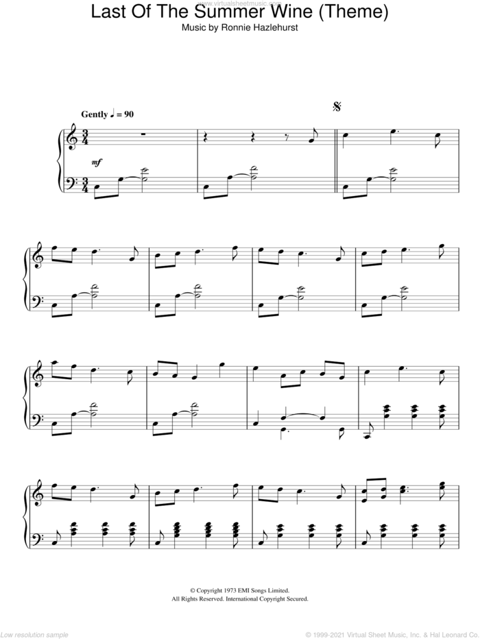 Last Of The Summer Wine sheet music for piano solo by Ronnie Hazlehurst, intermediate skill level