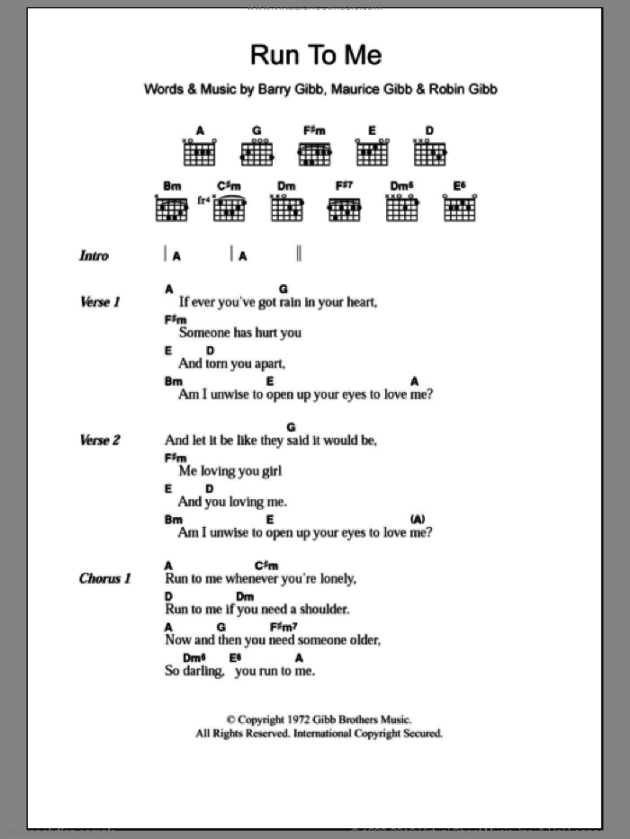 Run To Me sheet music for guitar (chords) by Bee Gees, Barry Gibb, Maurice Gibb and Robin Gibb, intermediate skill level