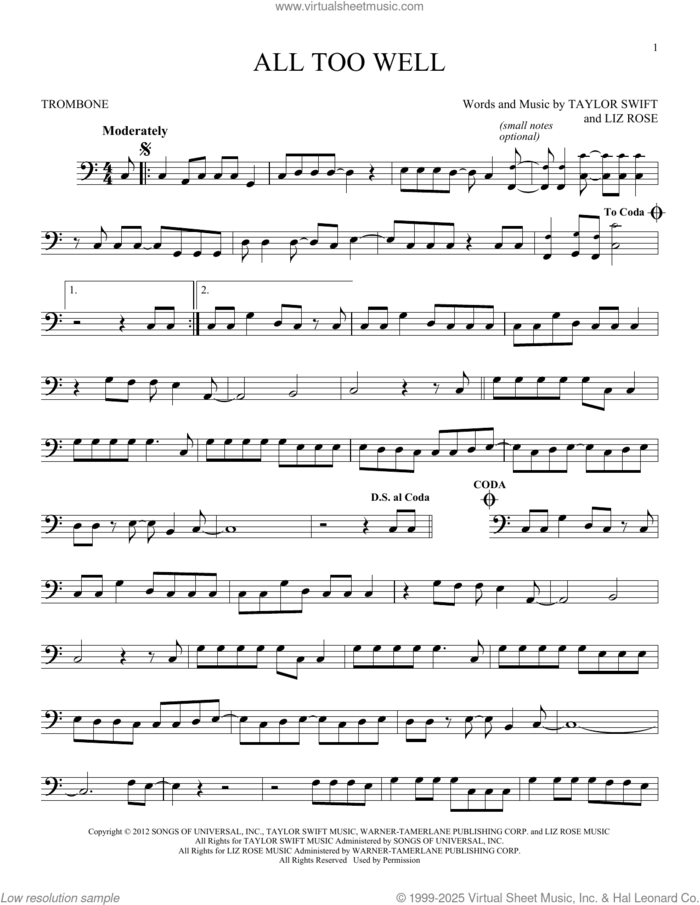 All Too Well sheet music for trombone solo by Taylor Swift and Liz Rose, intermediate skill level