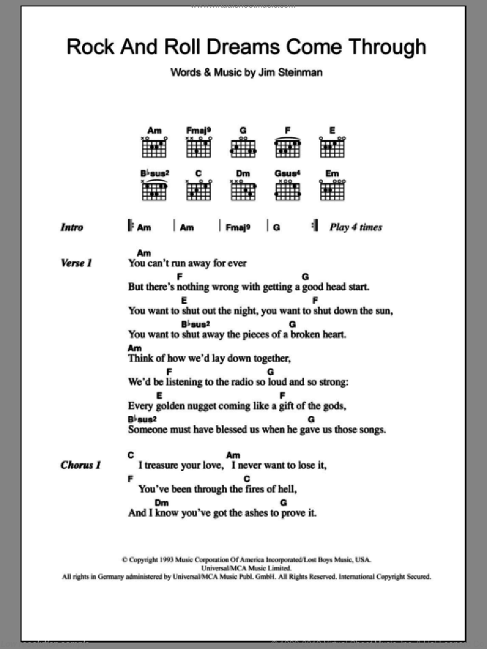 Rock And Roll Dreams Come Through sheet music for guitar (chords) by Meat Loaf and Jim Steinman, intermediate skill level