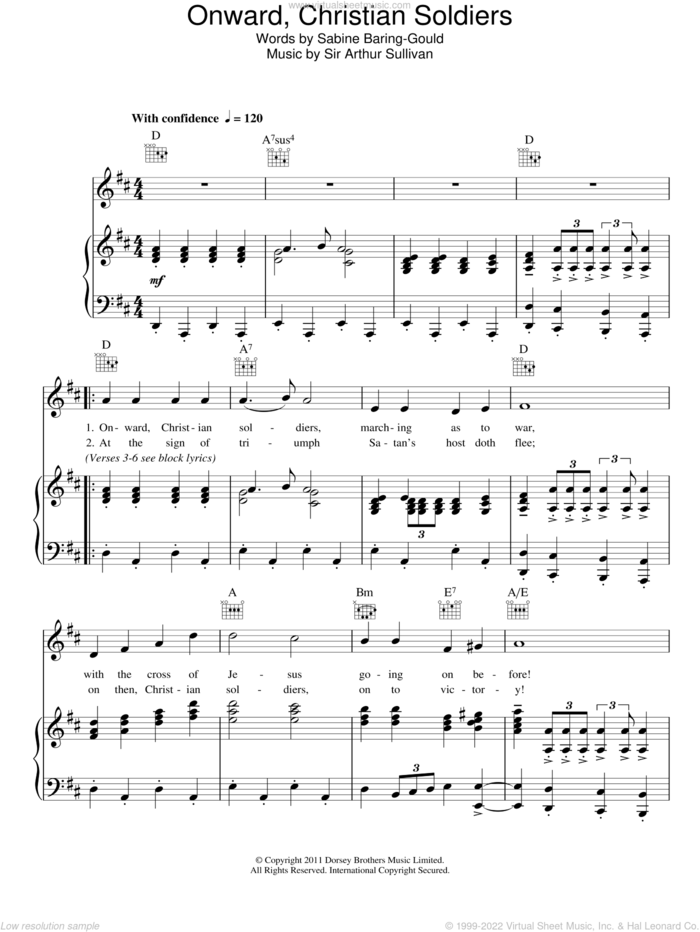 Onward Christian Soldiers sheet music for voice, piano or guitar by Arthur Sullivan and Sabine Baring-Gould, intermediate skill level
