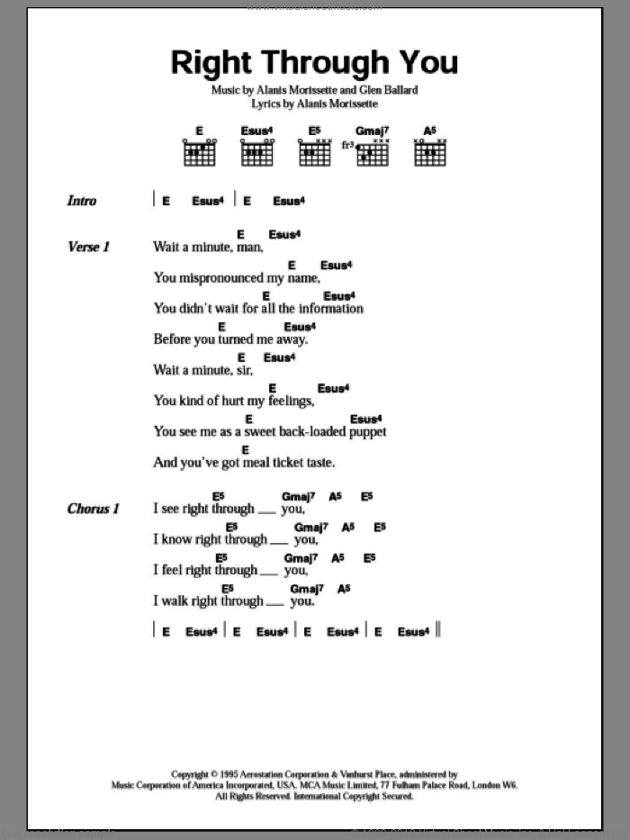 Right Through You sheet music for guitar (chords) by Alanis Morissette and Glen Ballard, intermediate skill level