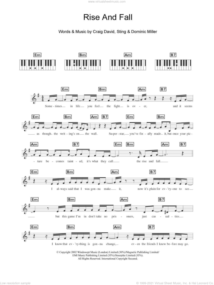 Rise and Fall sheet music for piano solo (chords, lyrics, melody) by Craig David and Dominic Miller, intermediate piano (chords, lyrics, melody)