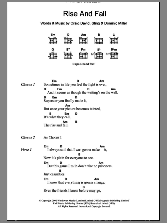 Rise and Fall sheet music for guitar (chords) by Craig David and Dominic Miller, intermediate skill level
