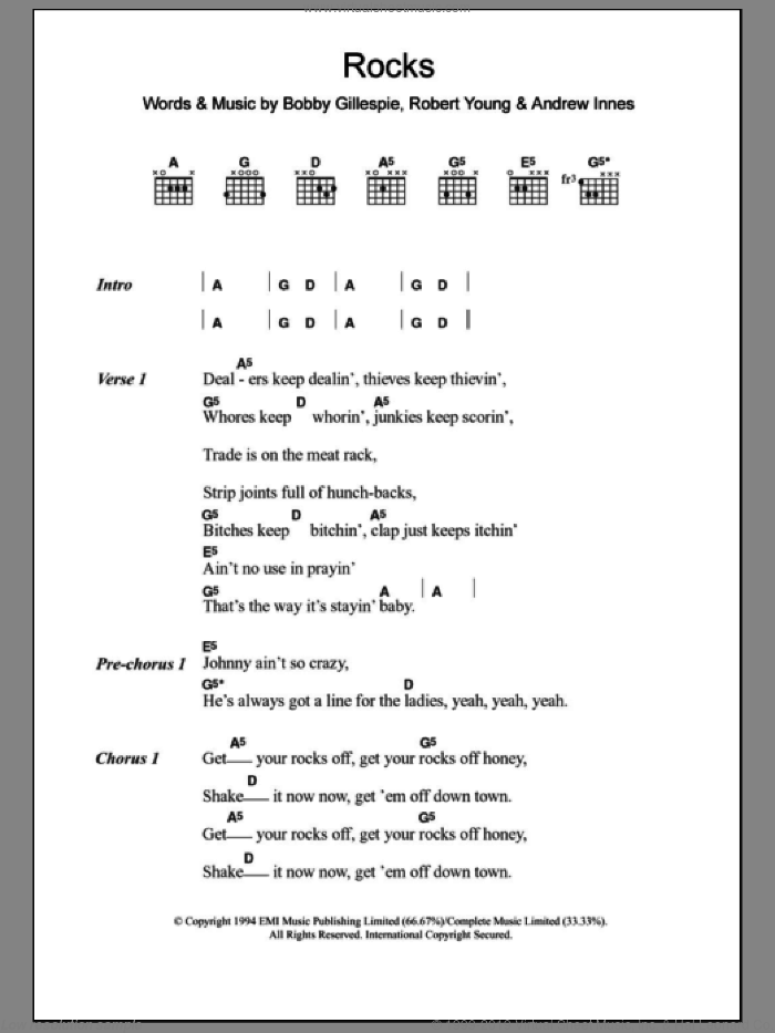 Rocks sheet music for guitar (chords) by Primal Scream, Andrew Innes, Bobby Gillespie and Robert Young, intermediate skill level