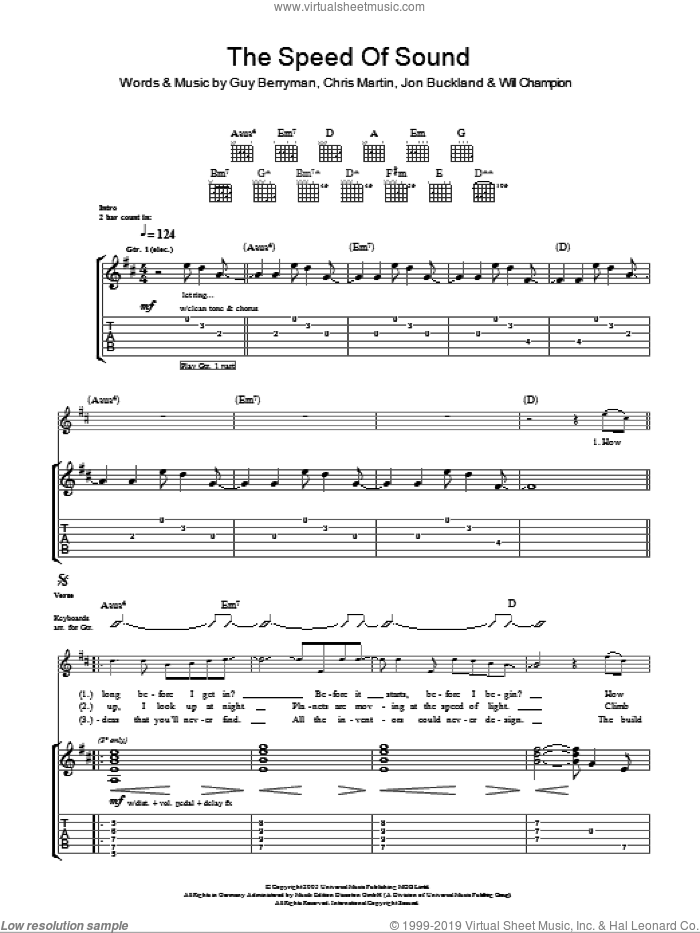 Speed Of Sound sheet music for guitar (tablature) by Coldplay, Chris Martin, Guy Berryman, Jon Buckland and Will Champion, intermediate skill level