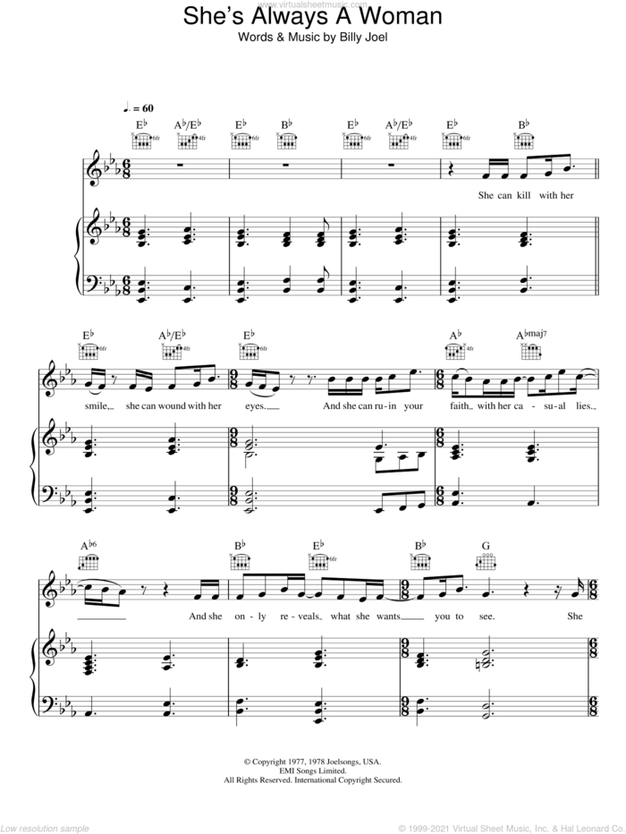 She's Always A Woman sheet music for voice and piano by Fyfe Dangerfield and Billy Joel, intermediate skill level