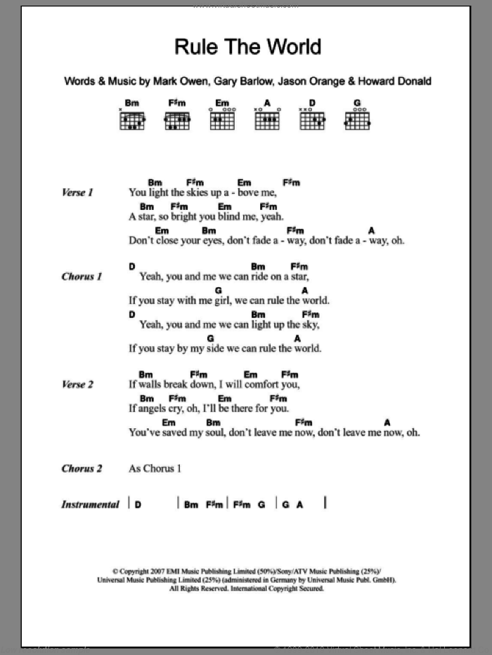 Rule The World sheet music for guitar (chords) by Take That, Gary Barlow, Howard Donald, Jason Orange and Mark Owen, intermediate skill level