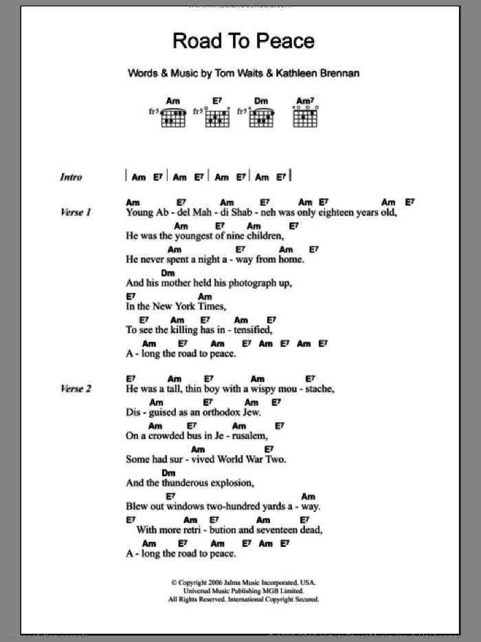 Road To Peace sheet music for guitar (chords) by Tom Waits and Kathleen Brennan, intermediate skill level