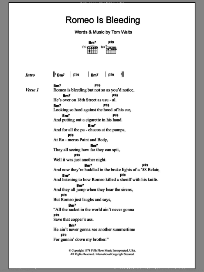 Romeo Is Bleeding sheet music for guitar (chords) by Tom Waits, intermediate skill level
