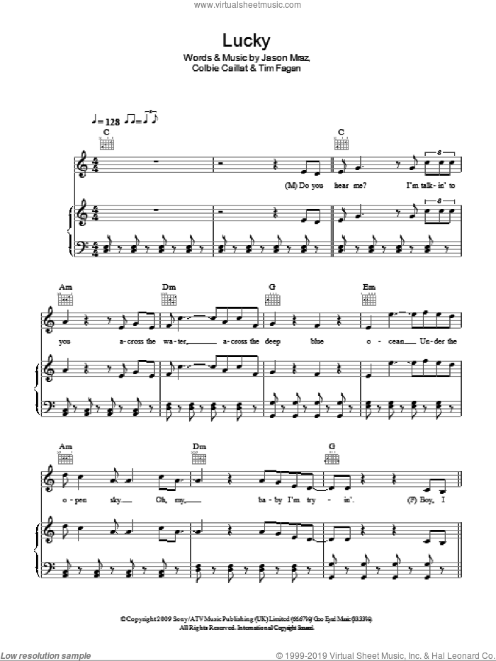 Lucky sheet music for voice, piano or guitar by Glee Cast, Jason Mraz, Miscellaneous, Colbie Caillat and Timothy Fagan, wedding score, intermediate skill level