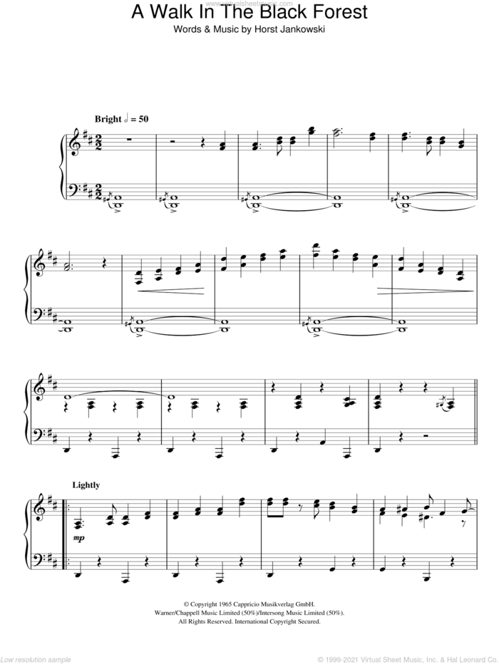 A Walk In The Black Forest (Eine Schwarwaldfahrt) sheet music for piano solo by Horst Jankowski, intermediate skill level