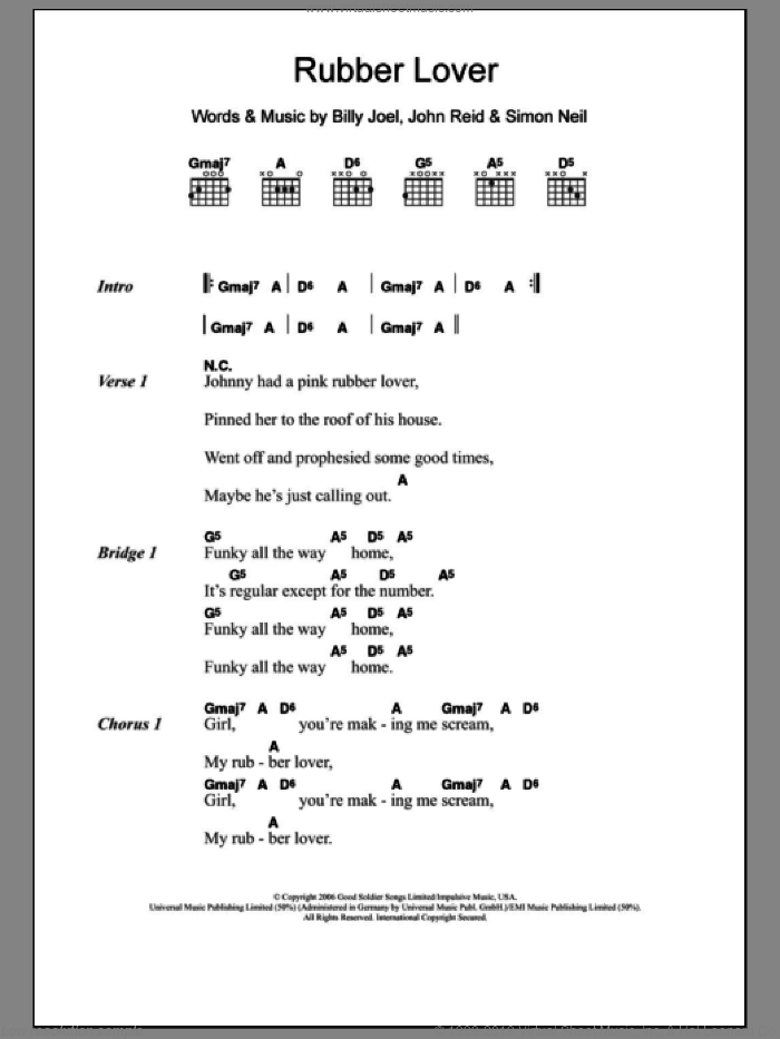 Rubber Lover sheet music for guitar (chords) by Marmaduke Duke, Billy Joel, John Reid and Simon Neil, intermediate skill level