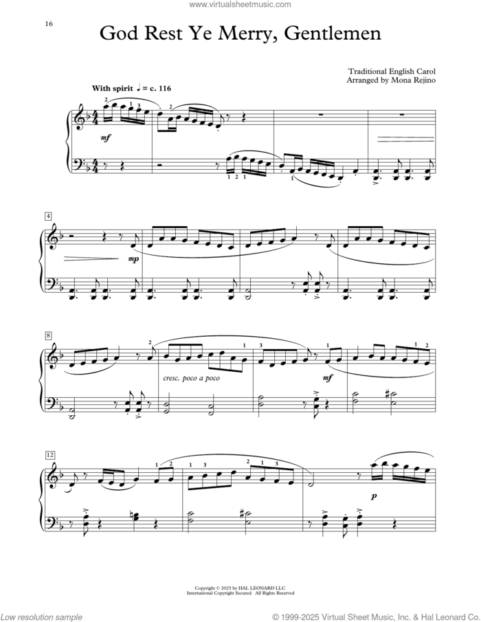 God Rest Ye Merry, Gentlemen (arr. Mona Rejino) sheet music for piano solo (elementary)  and Mona Rejino, beginner piano (elementary)