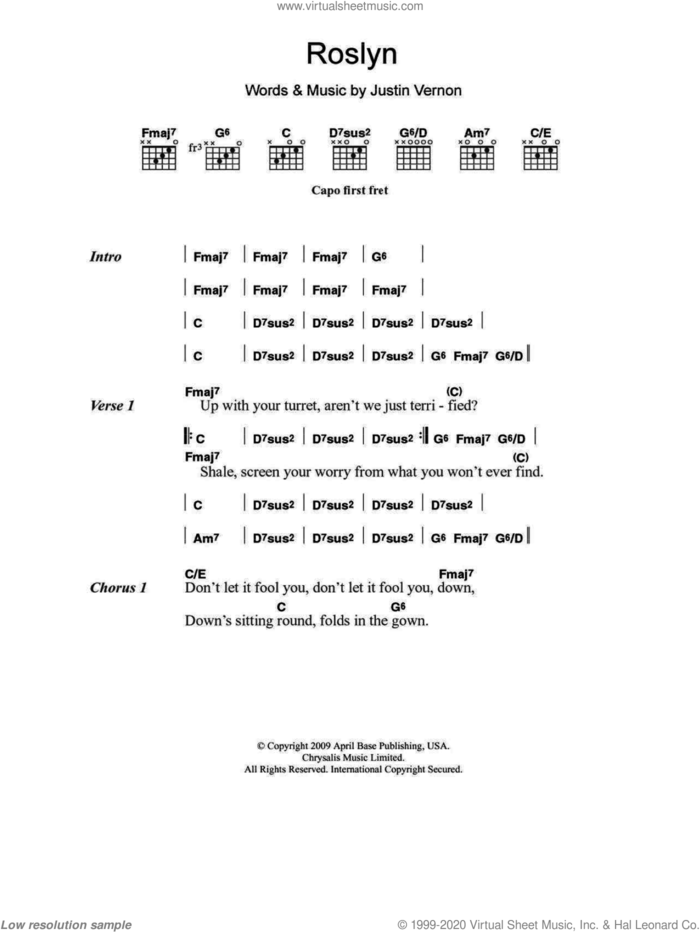 Roslyn sheet music for guitar (chords) by Bon Iver & St. Vincent and Justin Vernon, intermediate skill level