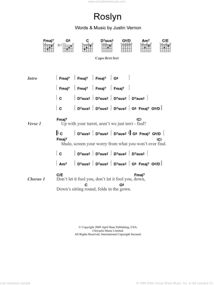 Roslyn sheet music for guitar (chords) by Bon Iver & St. Vincent and Justin Vernon, intermediate skill level