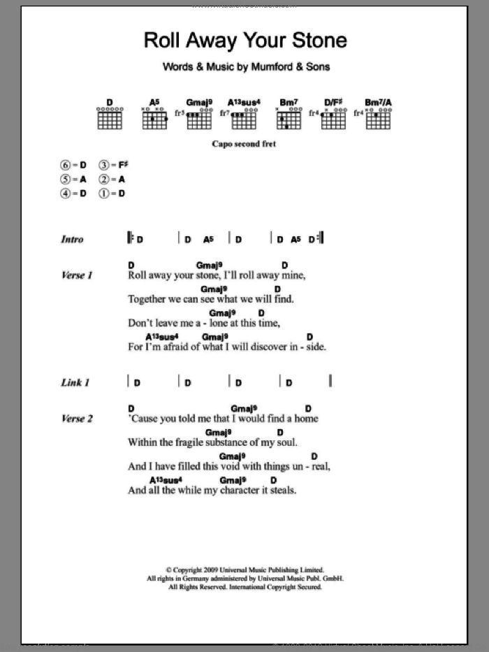 Roll Away Your Stone sheet music for guitar (chords) by Mumford & Sons, intermediate skill level