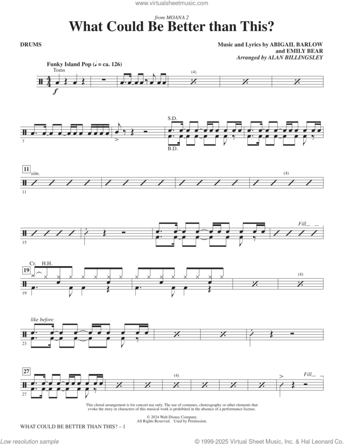 What Could Be Better Than This? (from Moana 2) (arr. Billingsley) sheet music for orchestra/band (drums) by Abigail Barlow & Emily Bear, Alan Billingsley, Abigail Barlow and Emily Bear, intermediate skill level