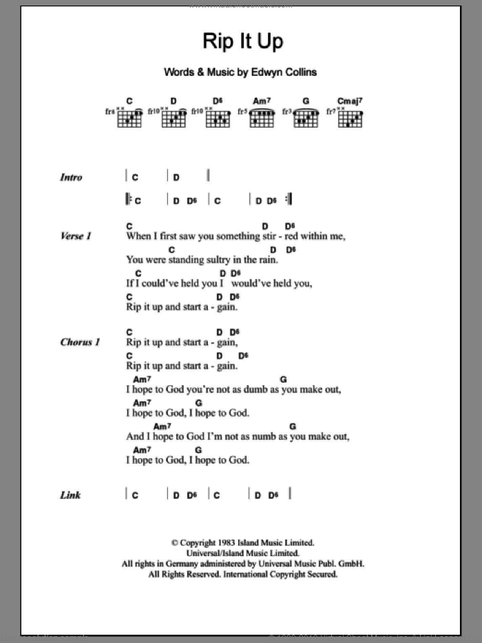 Rip It Up sheet music for guitar (chords) by Orange Juice and Edwyn Collins, intermediate skill level
