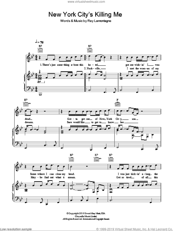New York City's Killing Me sheet music for voice, piano or guitar by Ray LaMontagne, intermediate skill level