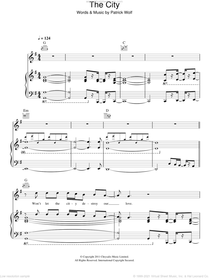 The City sheet music for voice, piano or guitar by Patrick Wolf, intermediate skill level