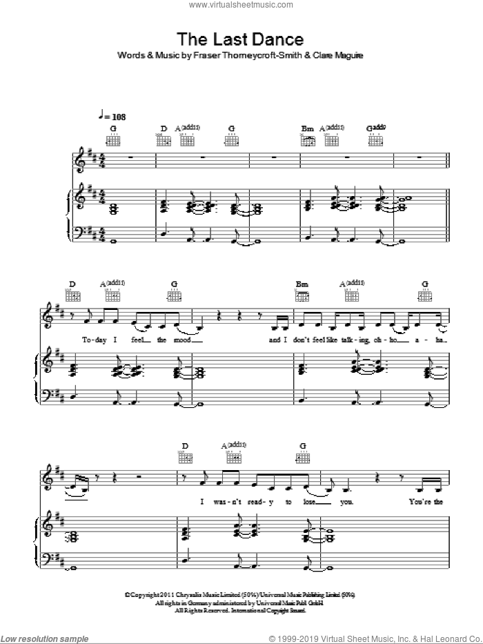 The Last Dance sheet music for voice, piano or guitar by Clare Maguire and Fraser Thorneycroft-Smith, intermediate skill level
