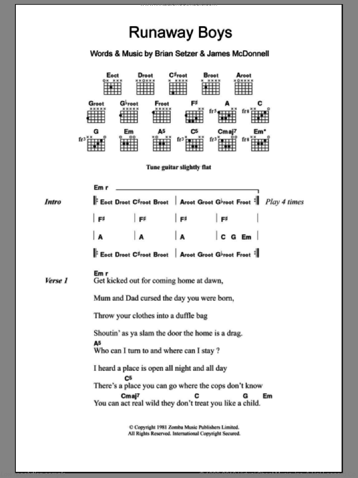 Runaway Boys sheet music for guitar (chords) by Stray Cats, Brian Setzer and James McDonnell, intermediate skill level