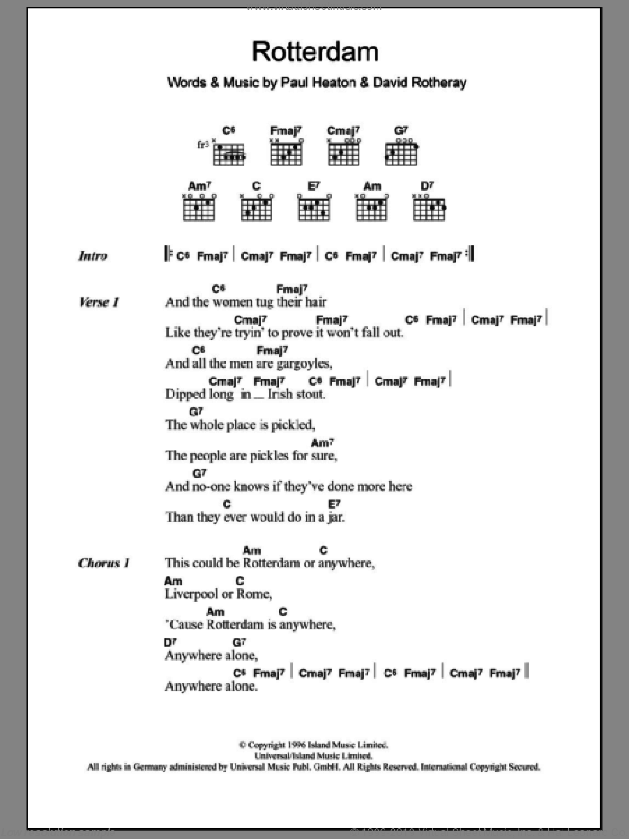 Rotterdam sheet music for guitar (chords) by The Beautiful South, David Rotheray and Paul Heaton, intermediate skill level